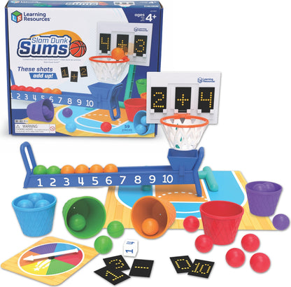 Slam Dunk Sums children's math game set with a blue and white retail box, a basketball hoop, number track, colored buckets, balls, cones, cards, and a scoring board on a white background.