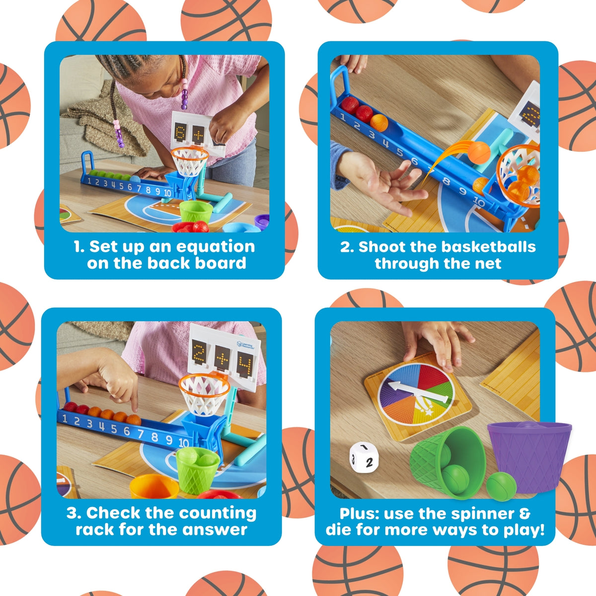 Educational basketball game with step-by-step instructions on a patterned background