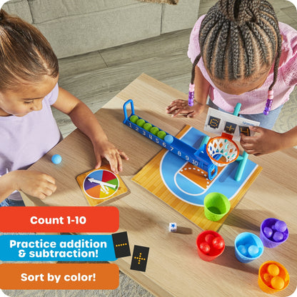 Two children playing with a educational toy on a wooden table.
