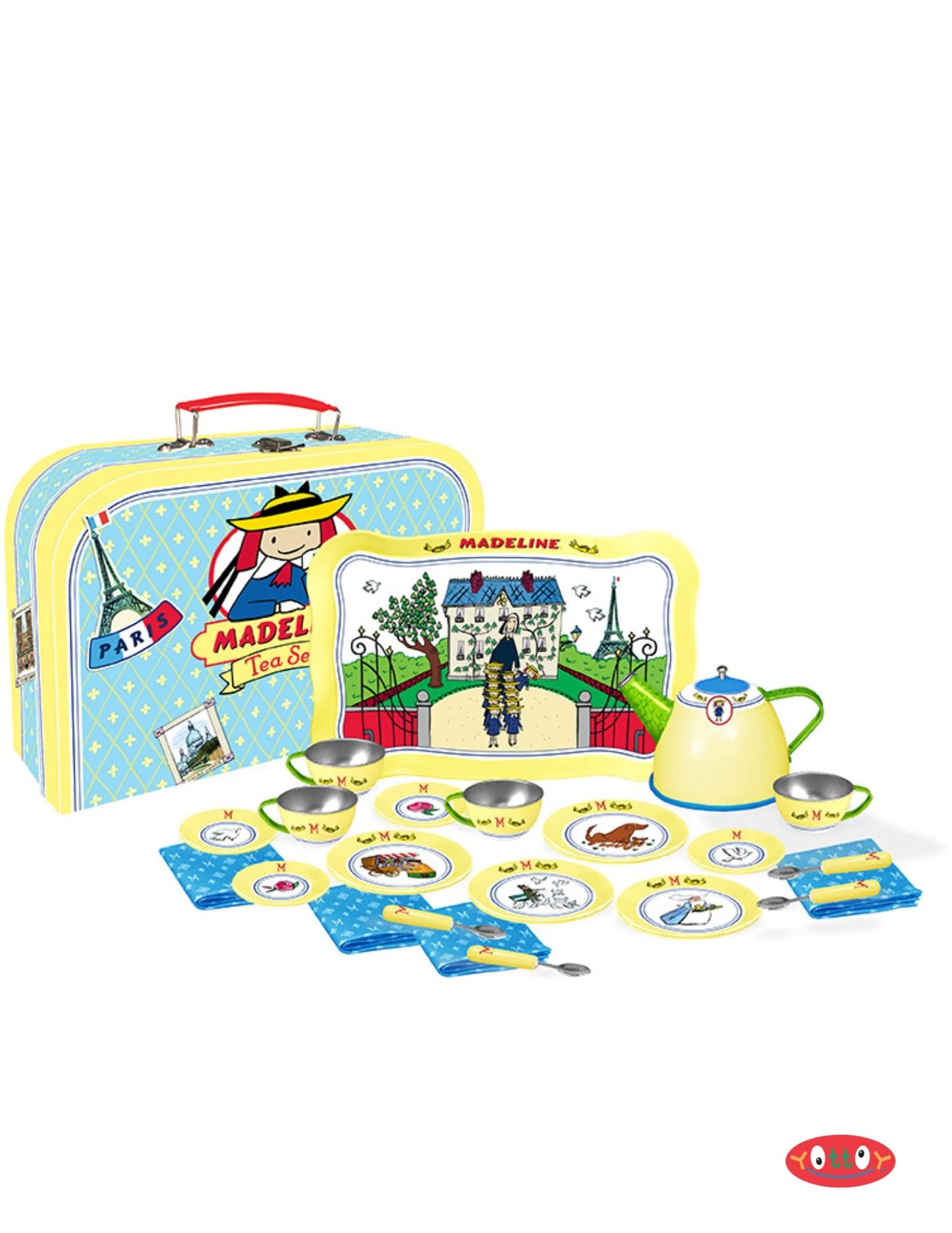 Madeline tea set showing plates, cups, pretend napkins.