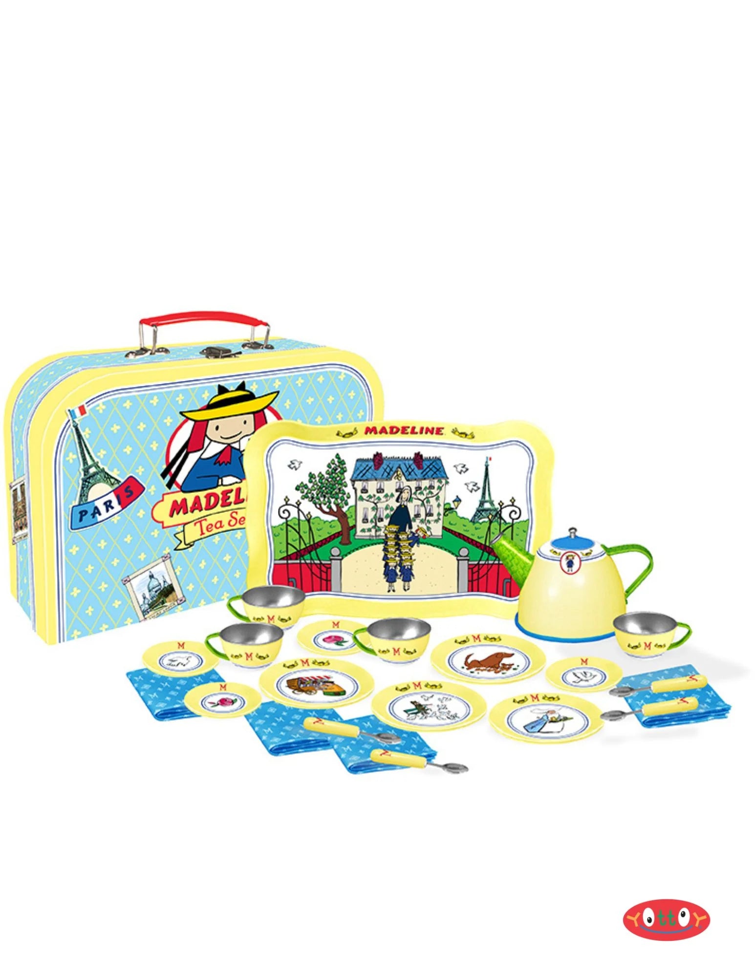 Madeline tea set showing plates, cups, pretend napkins.