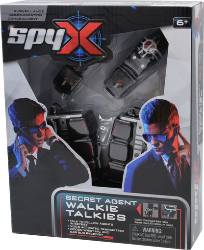 Spy X Secret Agent Walkie Talkies packaging with toy walkie talkies and characters on a gray background.