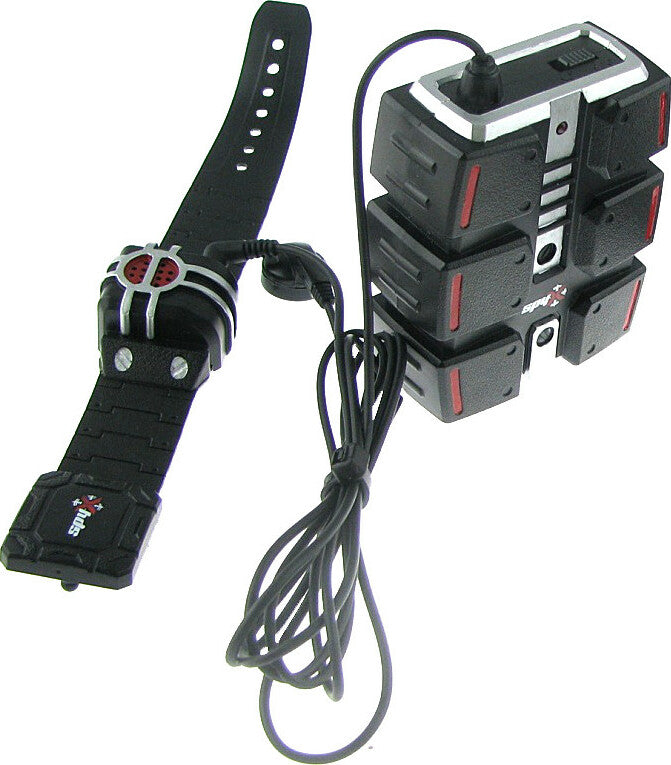 Black electronic device with a strap and multiple battery packs on a white background