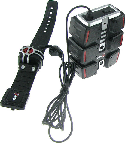 Black electronic device with a strap and multiple battery packs on a white background