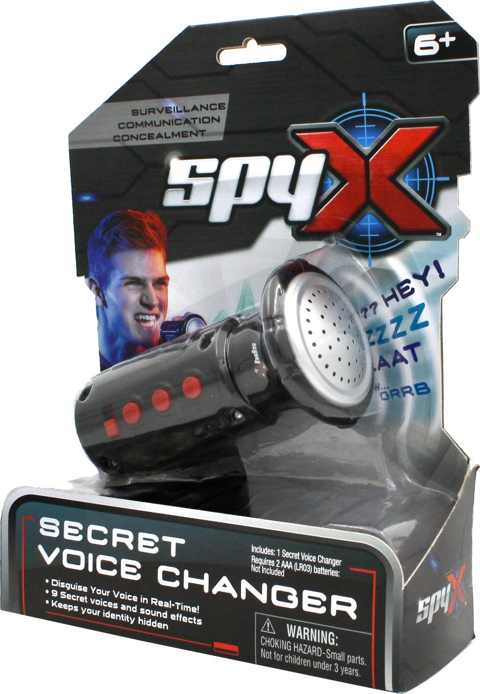 SpyX Secret Voice Changer toy packaging with a child's face on the label.