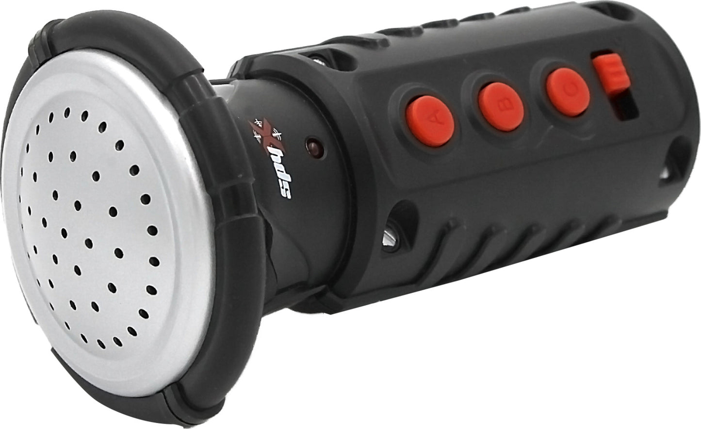 Black and red handheld device with a white circular component on a white background