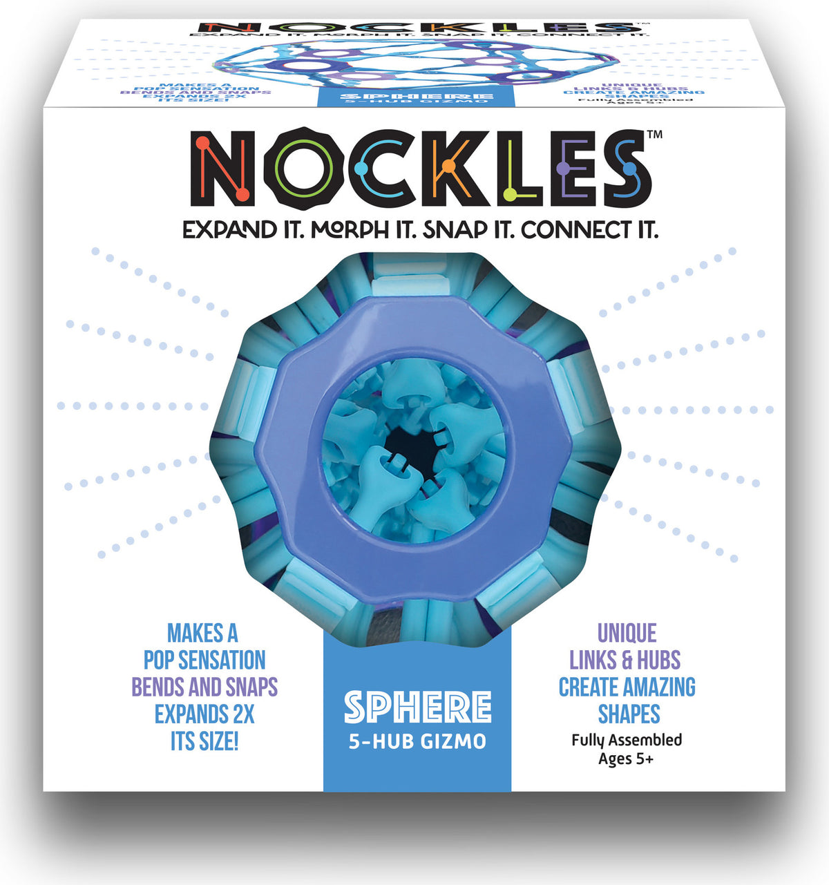 Box of Nockles Sphere toy with blue and purple design
