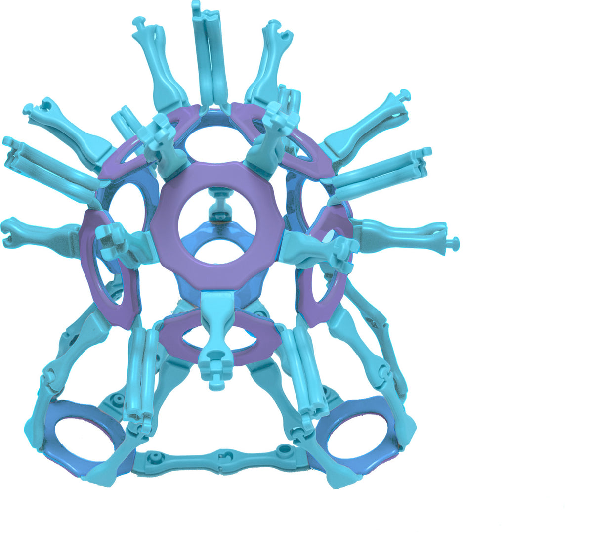 Blue and purple geometric toy structure on a white background