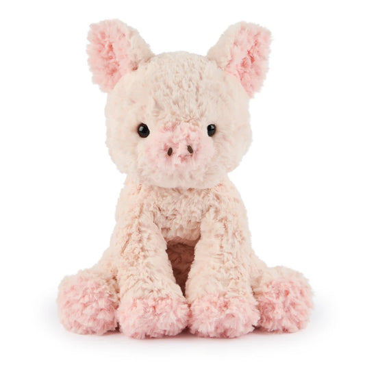 A plush stuffed pig toy with curly pale pink fur, pink ears, a pink snout, and small black eyes, sitting against a plain white background.