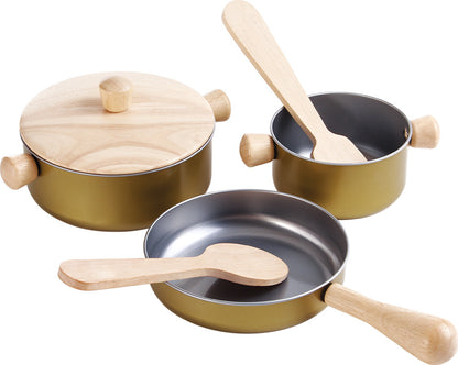 Cooking Utensils Set
set of 3 pots and pans with matching wooden utensils and one lid.