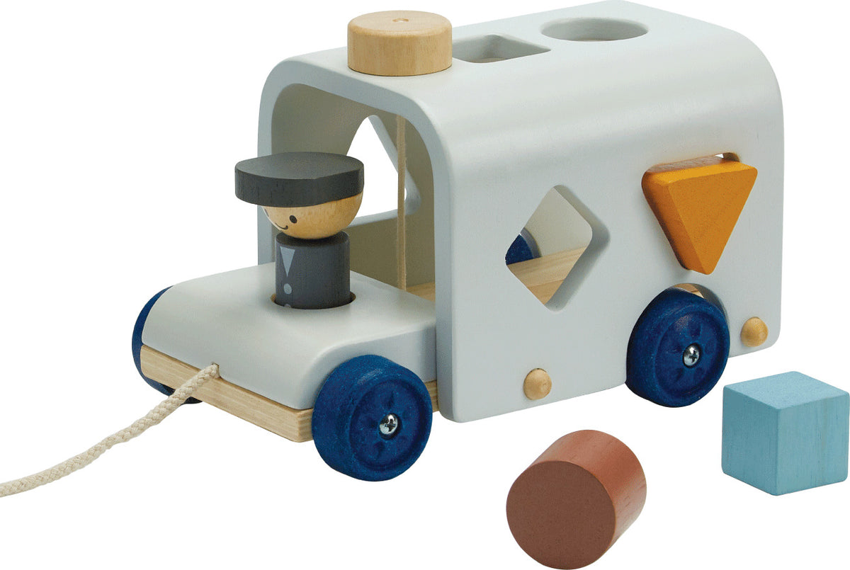 Sorting Bus - Orchard Series
Blue wooden shape sorting bus with pull string. Set includes colorful wooden shaped blocks. 