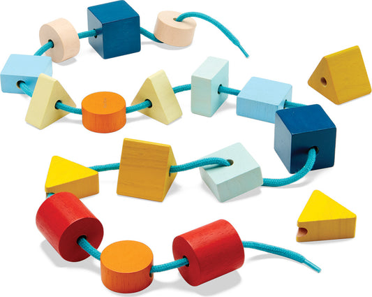 Geo Lacing Beads - Unit Plus
Colorful Blocks of Pink Yellow Shades of Blue, orange, Red with a hole in the middle allows little ones to practice motor skills by lacing the blue string through to create beautiful designs and patterns.  