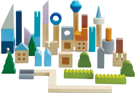 Urban City Blocks
colorful blocks in modern shapes to represent buildings, grass and skyscrapers.  Colors of blue, green and natural wood tones. 
