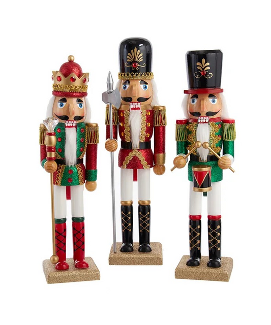 15" Red and Green Glitter King and Soldier Nutcrackers, 3 Assorted