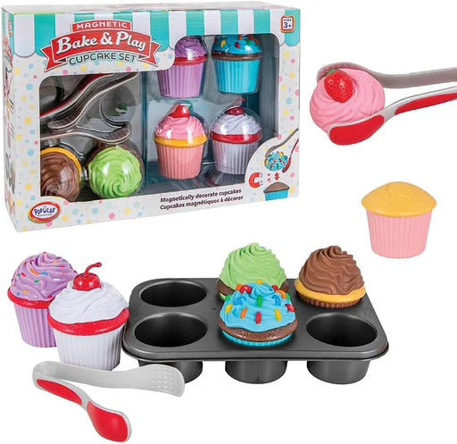 Toy cupcake set with magnetic bake and play packaging and toy spoons.