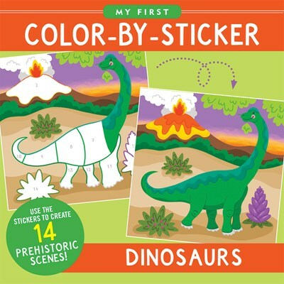 Cover of 'Dinosaurs First Color by Sticker Book' showing illustrations of dinosaurs and a volcano, with children using stickers to color in the scenes.