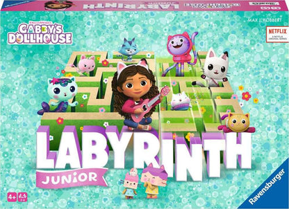 A board game titled 'Labyrinth Junior' featuring characters from Gabby's Dollhouse. The game board is colorful with various paths and goal markers, and it includes figurines of Gabby and her dollhouse friends.