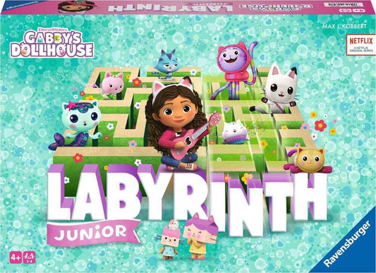 A board game titled 'Labyrinth Junior' featuring characters from Gabby's Dollhouse. The game board is colorful with various paths and goal markers, and it includes figurines of Gabby and her dollhouse friends.