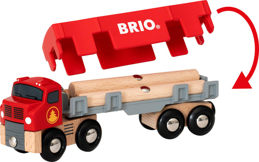 A red toy lumber truck with a detachable trailer carrying wooden cargo, designed for children's play.