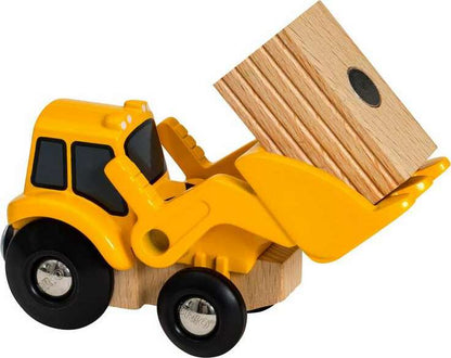 close up of BRIO loader lifting a small wooden block