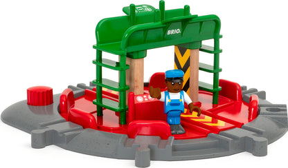 closer shot of turntable with red and green features and a figure waving at the camera.