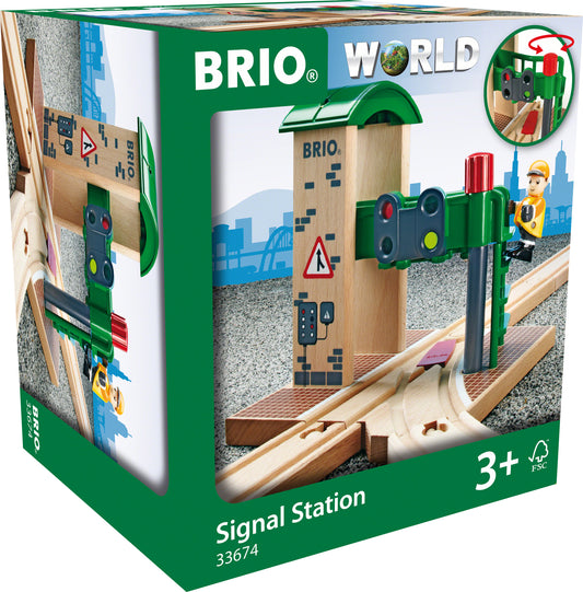 BRIO Signal Station train set accessory packaging, featuring the product with a green and brown color scheme, including a signal station, train tracks, and a play figure.