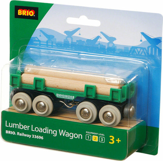 BRIO Lumber Loading Wagon toy in packaging, featuring a green and beige wagon with logs and magnetic couplings.