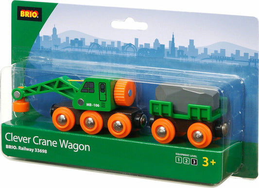 BRIO Clever Crane Wagon toy set packaged in a box, featuring a green and orange crane wagon and a boulder load on a clear plastic display.