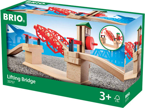 Packaging for BRIO Lifting Bridge toy set showing the toy railway bridge with a red crane and wooden tracks, along with the age recommendation of 3+ years.