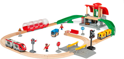 train station playset displayed on white background.