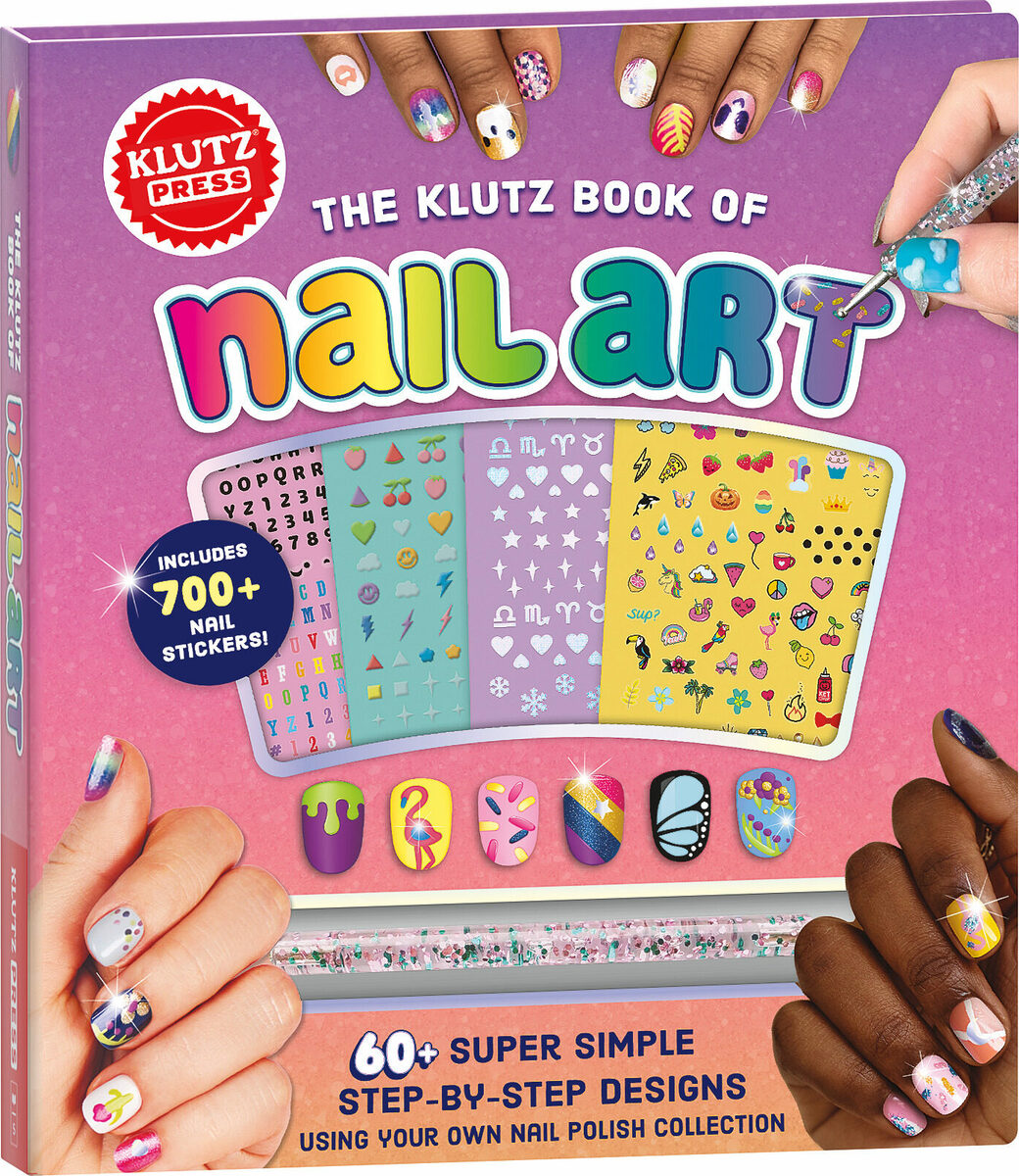 Klutz Press book of nail art with colorful nail designs and stickers on a pink background