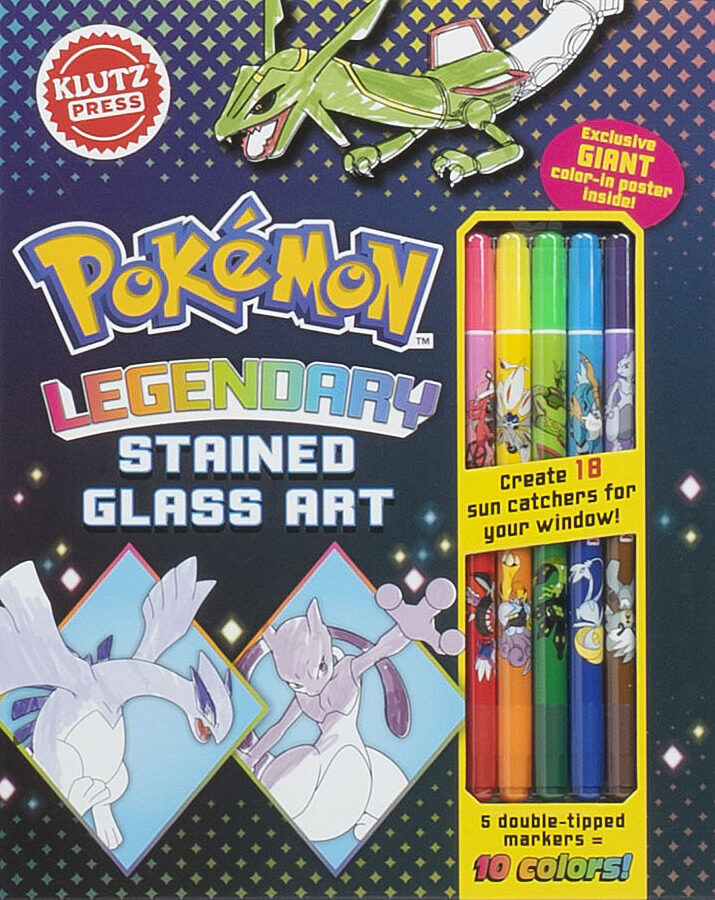 Pokémon Legendary Stained Glass Art kit with markers and poster on a dark blue background