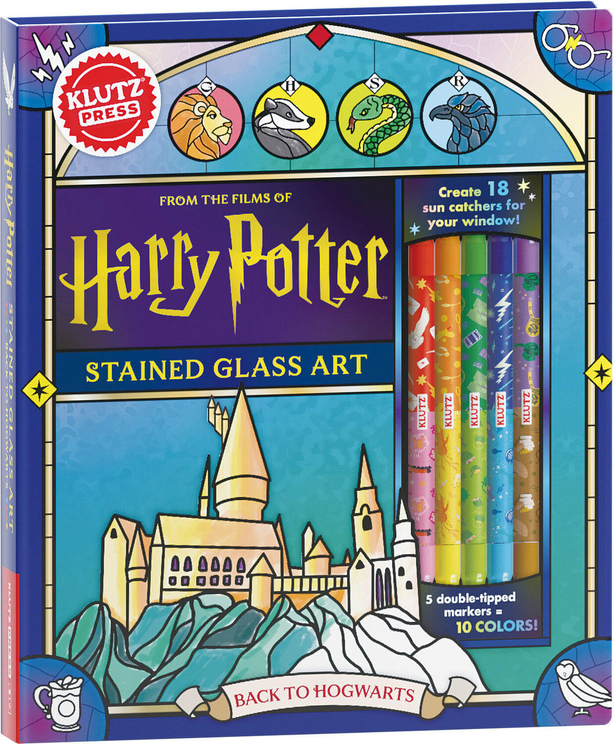 Klutz Press Harry Potter Stained Glass Art activity book box, featuring colorful illustrated artwork of Hogwarts, sun catcher designs, and five colored markers visible on the front.