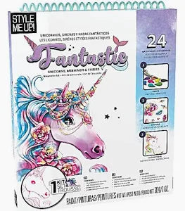 Style Me Up! Fantastic Unicorns DIY Magic Powder Kit, featuring a colorful box with a vibrant unicorn illustration, 24 craft instructions, and a purple '24' badge on a white background.