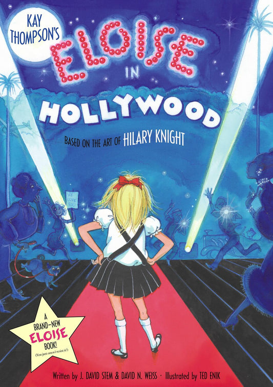 Book cover of 'Eloise in Hollywood' with a character on a red carpet and blue background.