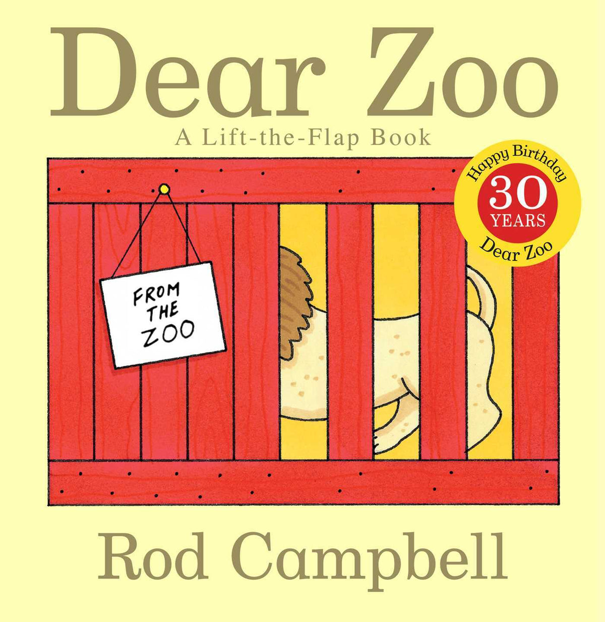 Cover of 'Dear Zoo: A Lift-the-Flap Book' showing a red and yellow gate with a 'From the Zoo' sign, and illustrations of an elephant and a monkey behind the gate.