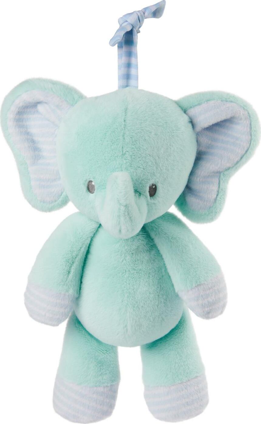 A soft plush toy in the shape of an elephant, predominantly blue in color with white and darker blue stripes on its ears and hooves, designed for infants and toddlers.