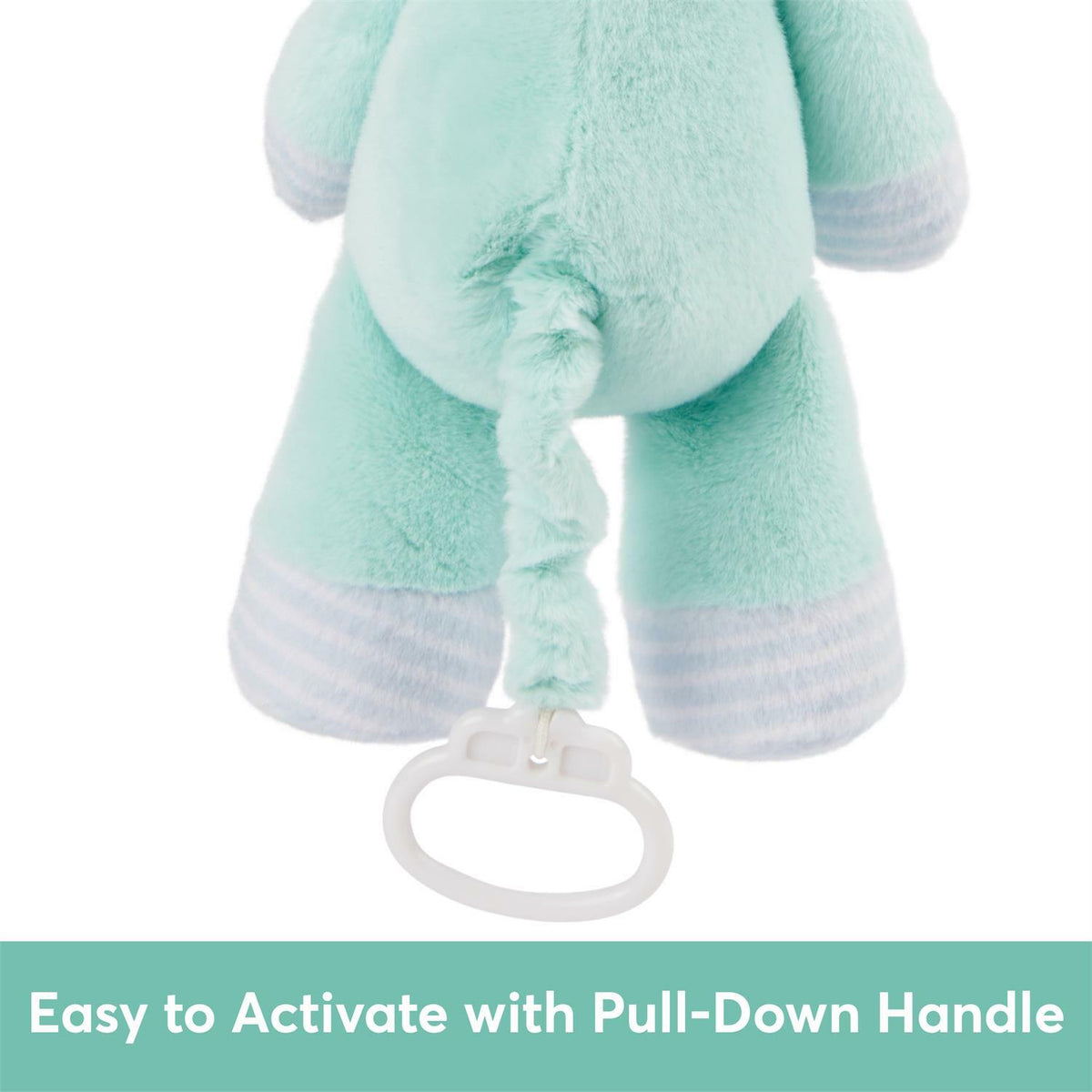  close-up back view of a light mint-green plush toy, focusing on a pull-string mechanism hanging from its back. The string ends in a white plastic ring handle.
Across the bottom, features the text "Easy to Activate with Pull-Down Handle" in bold white lettering.