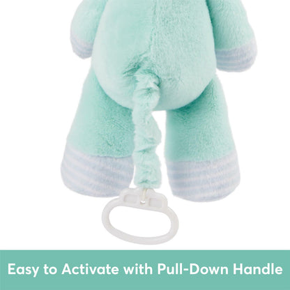  close-up back view of a light mint-green plush toy, focusing on a pull-string mechanism hanging from its back. The string ends in a white plastic ring handle.
Across the bottom, features the text "Easy to Activate with Pull-Down Handle" in bold white lettering.