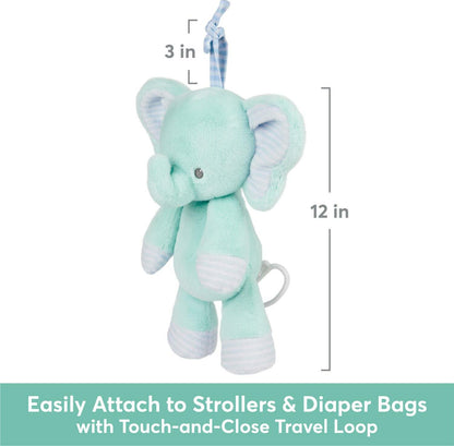 green plush elephant hangs vertically against a white background, Measurement lines indicate that the attached top loop is 3 inches tall and the elephant itself is 12 inches long.
a teal banner reads "Easily Attach to Strollers & Diaper Bags with Touch-and-Close Travel Loop"