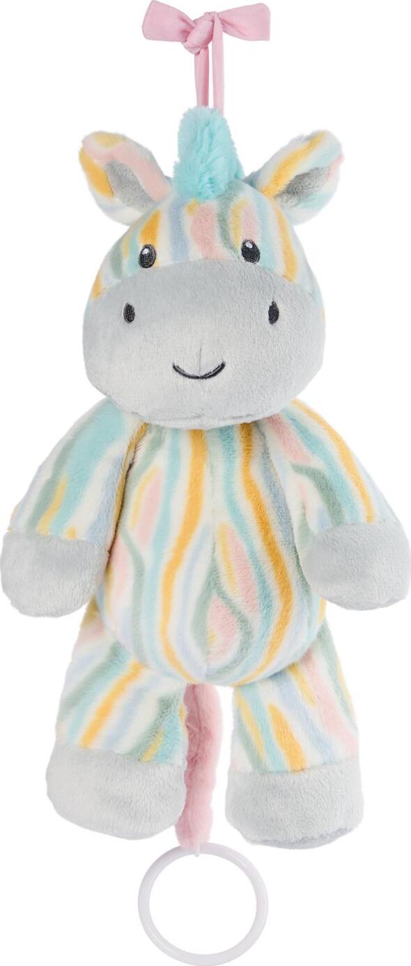 Plush toy unicorn with colorful stripes and a pink bow on a white background