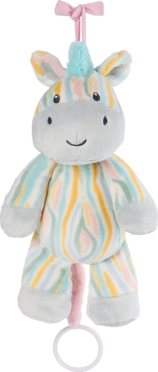 Plush toy unicorn with colorful stripes and a pink bow on a white background