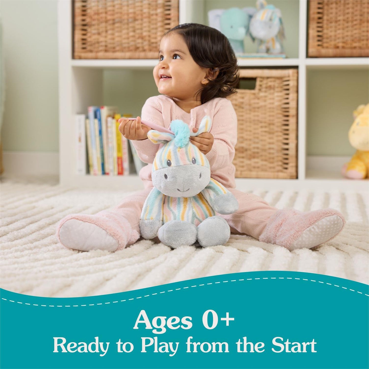 Child playing with a plush toy in a cozy room with books and baskets.