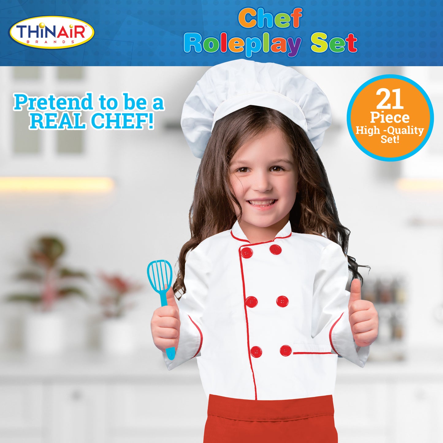 Child in chef outfit with cooking utensils and 'ThinAir' branding on a promotional image.