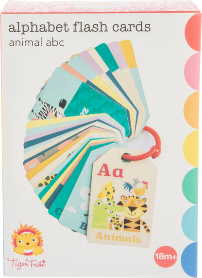 Box of alphabet flash cards with colorful design and Tiger Tribe branding.