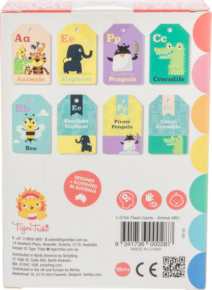 Back of a product packaging with colorful animal-themed flashcards and branding details.