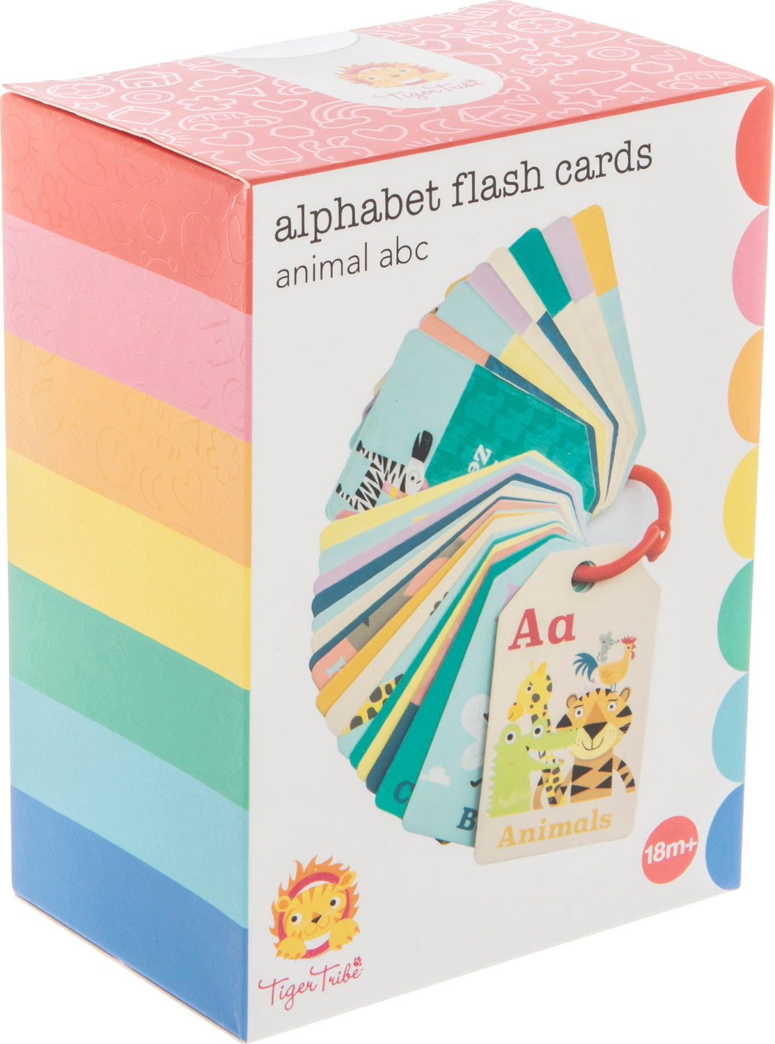 Box of alphabet flash cards with colorful design and 'Tiger Tribe' branding.