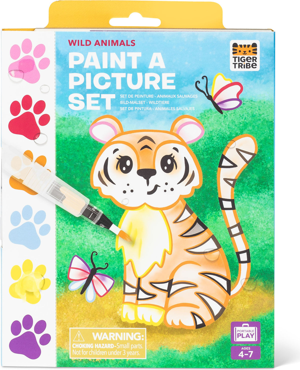Tiger-themed paint a picture set packaging with a tiger illustration and paintbrush on a colorful background.
