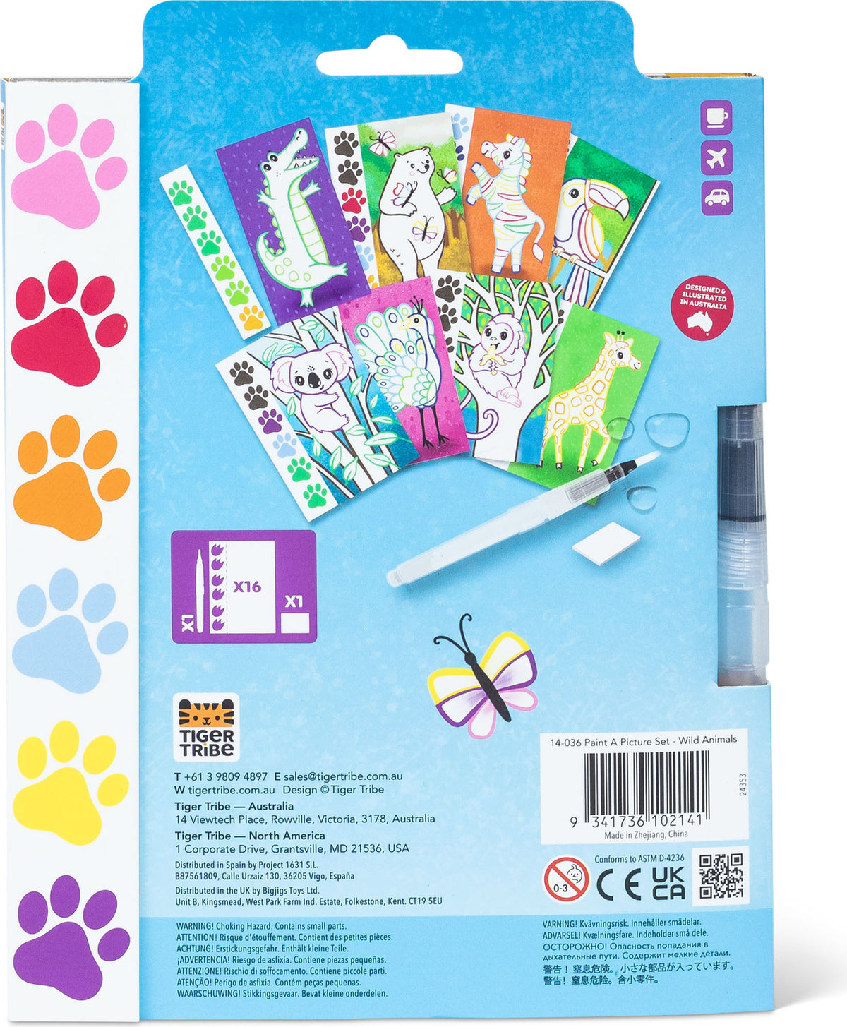 Packaging of Tiger Tribe animal stickers with a pen and paw prints on a blue background