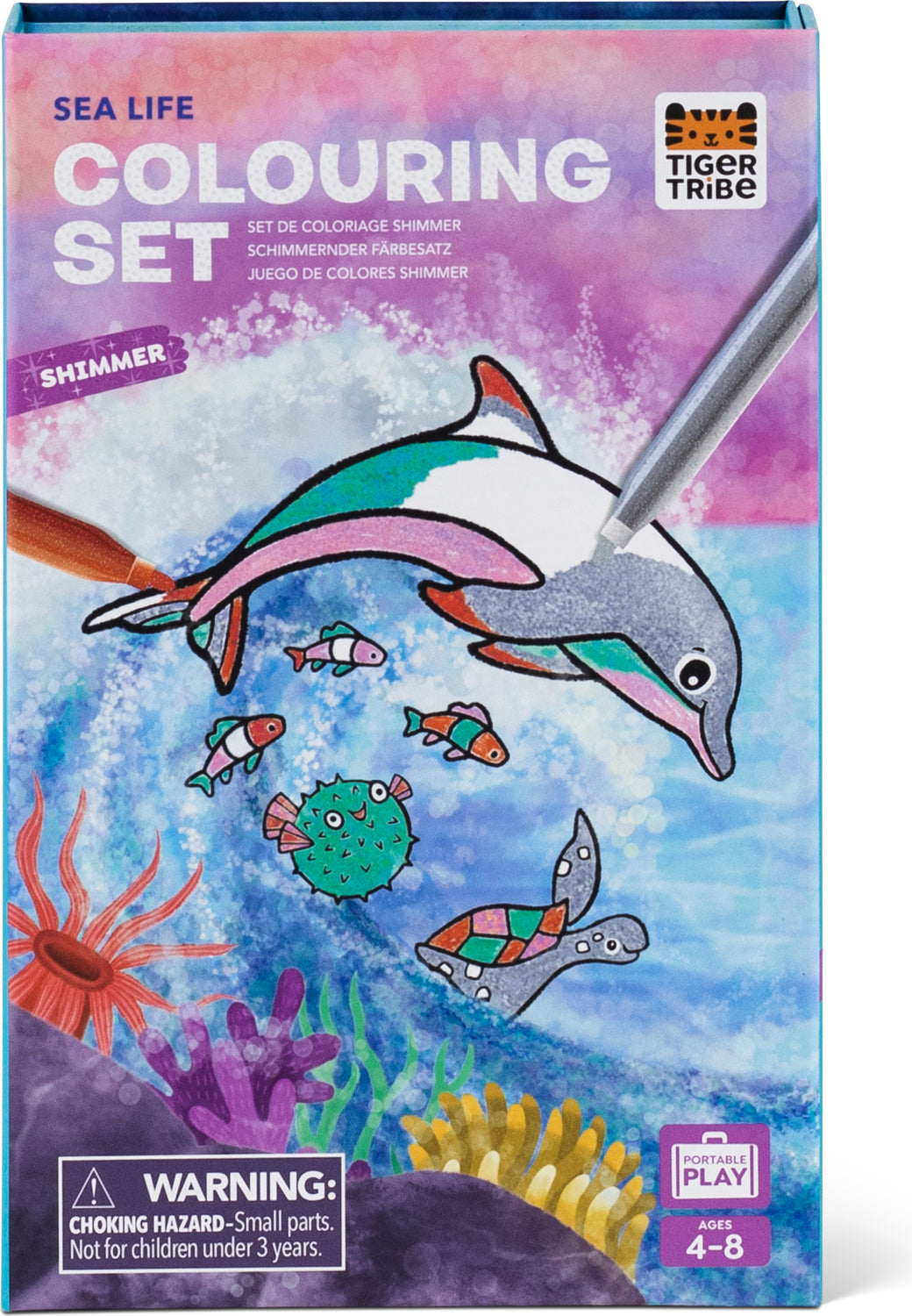 Sea life colouring set packaging with dolphin illustration and Tiger Tribe branding.